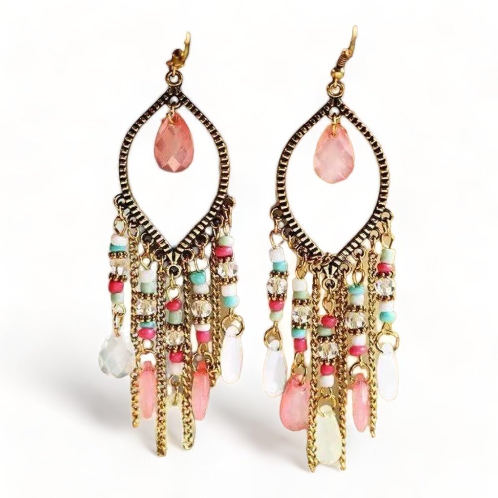 Bohemian Drop Chandelier Earrings Pink Sparkle NEW